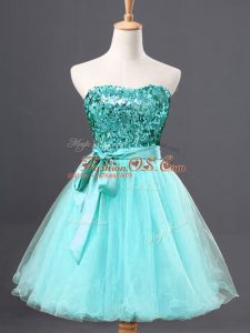 Sweetheart Sleeveless Evening Dress Mini Length Sequins Aqua Blue Tulle