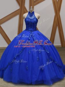 Hot Selling Royal Blue Tulle Lace Up Halter Top Sleeveless 15th Birthday Dress Brush Train Appliques