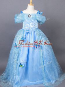 Excellent Light Blue Short Sleeves Floor Length Appliques Side Zipper Little Girls Pageant Dress