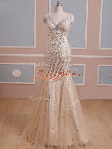 Stylish V-neck Sleeveless Tulle Womens Evening Dresses Beading Brush Train Criss Cross