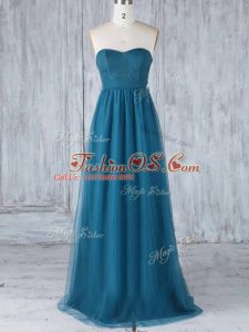 Unique Floor Length Teal Bridesmaid Dress Tulle Sleeveless Appliques