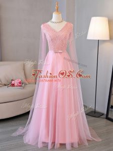 Admirable Baby Pink Long Sleeves Beading Floor Length Custom Made