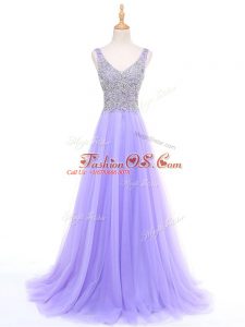 Lavender Sleeveless Tulle Zipper Womens Evening Dresses for Prom and Military Ball and Sweet 16 and Quinceanera