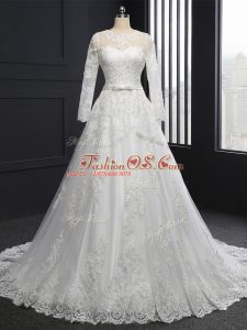 White Tulle Lace Up Wedding Gowns Long Sleeves Brush Train Lace