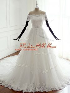 White Sleeveless Tulle Court Train Lace Up Wedding Dress for Wedding Party
