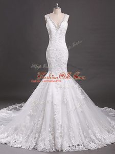White Bridal Gown Wedding Party with Beading and Lace V-neck Sleeveless Court Train Clasp Handle
