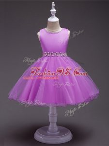 Lilac Organza Zipper Little Girl Pageant Dress Sleeveless Knee Length Beading