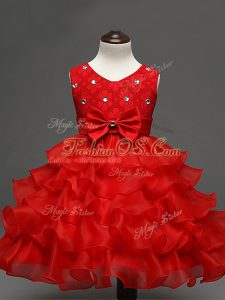Sleeveless Organza Knee Length Zipper Kids Formal Wear in Red with Lace and Ruffled Layers and Bowknot
