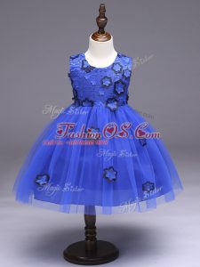 Super Royal Blue Ball Gowns Scoop Sleeveless Tulle Knee Length Zipper Appliques and Bowknot Little Girls Pageant Dress