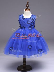 Super Royal Blue Ball Gowns Scoop Sleeveless Tulle Knee Length Zipper Appliques and Bowknot Little Girls Pageant Dress