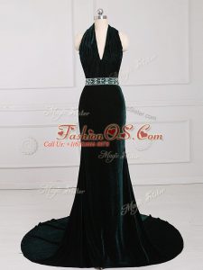 Best Selling Halter Top Sleeveless Brush Train Zipper Formal Dresses Dark Green Elastic Woven Satin