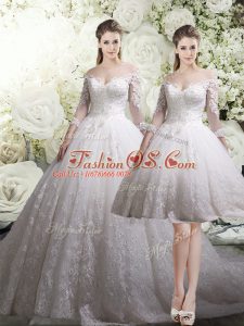 Cute White Wedding Dresses Wedding Party with Lace Off The Shoulder 3 4 Length Sleeve Chapel Train Zipper