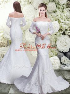Pretty 3 4 Length Sleeve Lace Brush Train Lace Up Wedding Gown in White with Lace