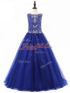 Royal Blue A-line Tulle Scoop Sleeveless Beading Floor Length Lace Up Kids Pageant Dress
