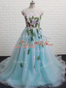 Aqua Blue A-line Scoop Sleeveless Tulle Brush Train Backless Appliques Teens Party Dress