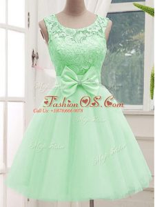 Fitting Knee Length Apple Green Dama Dress Tulle Sleeveless Lace and Bowknot
