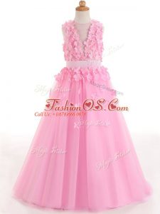 Rose Pink Tulle Zipper Scoop Sleeveless Floor Length Girls Pageant Dresses Appliques and Bowknot