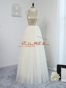 Wonderful Light Yellow Empire Tulle Scoop Sleeveless Sequins Floor Length Backless Dama Dress
