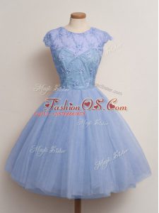 Luxurious Blue Ball Gowns Scoop Cap Sleeves Tulle Knee Length Lace Up Lace Wedding Party Dress