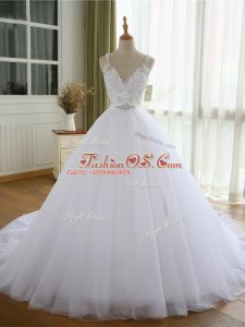 V-neck Sleeveless Tulle Wedding Gowns Beading and Lace and Appliques Court Train Lace Up