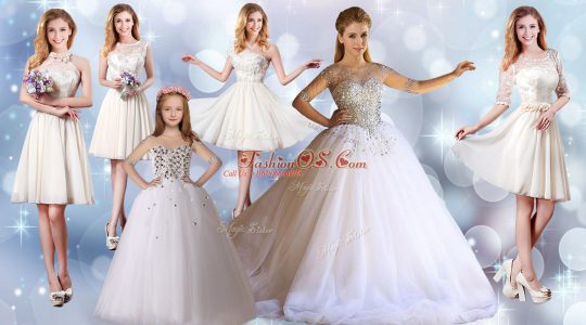 Sexy White Tulle Lace Up Quinceanera Dresses Half Sleeves Floor Length Beading