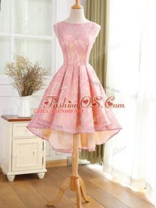 Inexpensive Pink Backless Womens Evening Dresses Lace and Appliques Sleeveless High Low