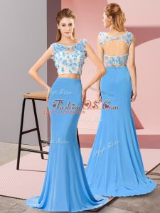 Column/Sheath Sleeveless Baby Blue Prom Dress Brush Train Backless