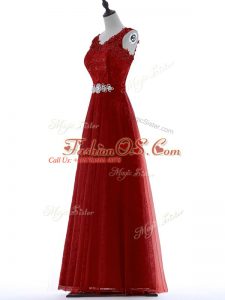Customized Floor Length Zipper Homecoming Dress Red for Prom and Party and Military Ball with Beading and Lace