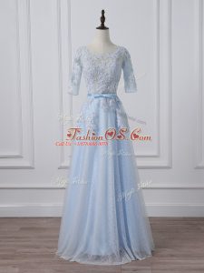 Light Blue Mother Of The Bride Dress Silk Like Satin 3 4 Length Sleeve Beading and Lace and Appliques