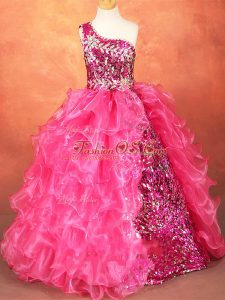 Exquisite Hot Pink Sleeveless Organza Lace Up Kids Pageant Dress for Wedding Party