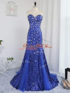 Royal Blue Mermaid Tulle and Sequined Sweetheart Sleeveless Beading and Sequins Zipper Evening Wear
