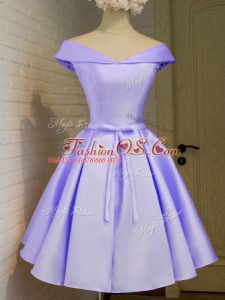 Luxurious Knee Length Lavender Bridesmaids Dress Taffeta Cap Sleeves Belt