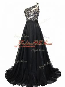 Sweet Side Zipper Juniors Evening Dress Black for Prom and Party with Beading and Lace Brush Train
