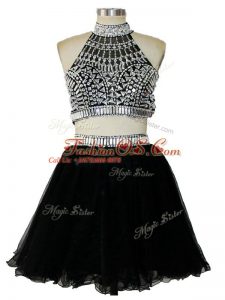 Black Sleeveless Mini Length Beading Criss Cross Prom Evening Gown