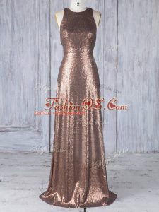 Floor Length Brown Quinceanera Court Dresses Sequined Sleeveless Appliques