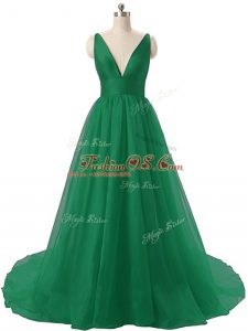 Dark Green Sleeveless Organza Brush Train Backless for Prom and Party and Military Ball