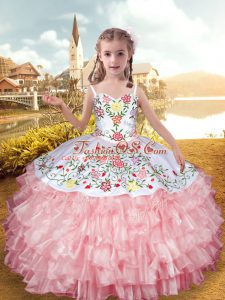 Best Organza and Taffeta Straps Sleeveless Lace Up Embroidery and Ruffled Layers Kids Formal Wear in Baby Pink