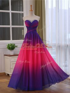 Multi-color Chiffon and Printed Lace Up Sweetheart Sleeveless Floor Length Evening Wear Beading and Ruching