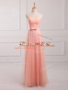 Empire Dama Dress for Quinceanera Peach Sweetheart Tulle and Lace Sleeveless Floor Length Lace Up