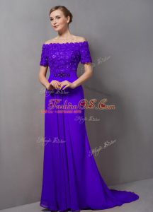 Off The Shoulder Short Sleeves Mother Of The Bride Dress Sweep Train Lace Purple Chiffon