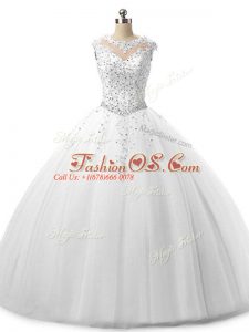 Beading and Lace Quinceanera Dresses White Lace Up Sleeveless Floor Length