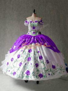 White And Purple Cap Sleeves Embroidery and Ruffles Floor Length Quinceanera Gown