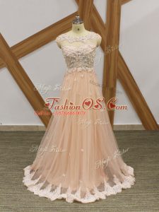 Fitting Champagne Sleeveless Floor Length Beading and Lace and Appliques Zipper Evening Gowns