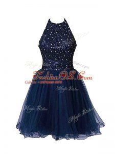 Halter Top Sleeveless Military Ball Gowns Mini Length Beading Navy Blue Tulle
