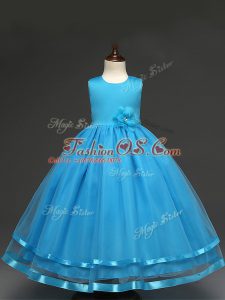 Scoop Sleeveless Kids Pageant Dress Floor Length Hand Made Flower Baby Blue Tulle