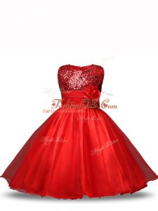 Top Selling Knee Length Red Kids Formal Wear Organza Sleeveless Sequins and Hand Made Flower