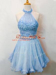 Luxury Blue Bridesmaid Gown Prom and Party and Wedding Party with Beading Halter Top Sleeveless Lace Up