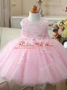 Appliques and Bowknot Pageant Gowns For Girls Baby Pink Zipper Sleeveless Knee Length