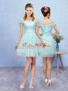 Mini Length Lace Up Quinceanera Court of Honor Dress Aqua Blue for Prom and Party with Lace
