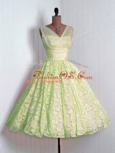 Dynamic Lace V-neck Sleeveless Lace Up Lace Quinceanera Court of Honor Dress in Yellow Green